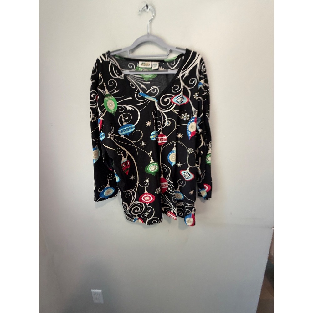 Collections Etc Womens XXL Christmas Ornament V-Neck Long Sleeve Cotton Top